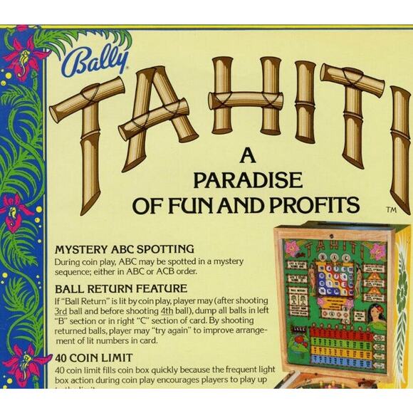 Tahiti Pinball FLYER Original 1979 NOS Bingo Game Artwork Sheet Tropical - Picture 2 of 2